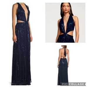 🎀 NEW RAMY BROOK halter neck cutout maxi sequin dress blue gown 8